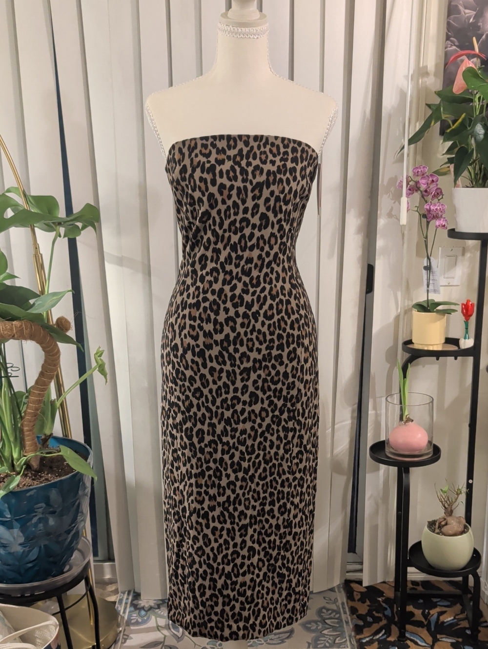 SPANX Strapless Leopard-Print Midi Dress in Brown and Black, Small